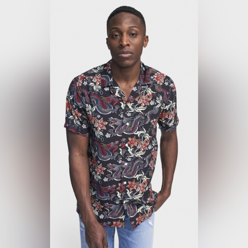 Men's XL Button Up dragon shirt Bright Bold Floral